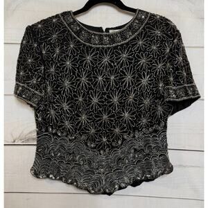 Vintage Papell Boutique Evening Top Sequins Black Silver Sz XL Holiday Party